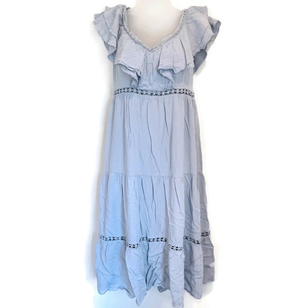 Simplee‎ Boho Ruffle Blue Tiered Crochet Daisies Maxi Dress - Women's Size M - Picture 3 of 10